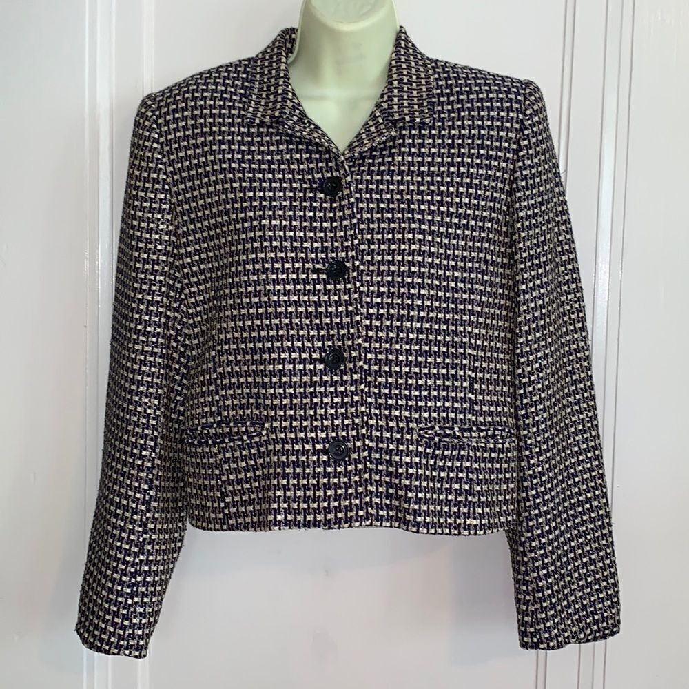 Soiree Petites black,‎ blue & white tweed short jacket
